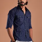 Men's Sapphire Blue Hunting Style Cotton Printed Shirt | Outdoor Adventure Wear